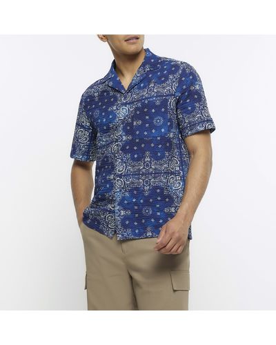 River Island Navy Regular Fit Bandana Print Revere Shirt - Blue