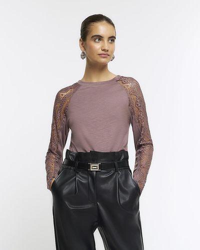 River Island Brown Rib Lace Long Sleeve Top - Red