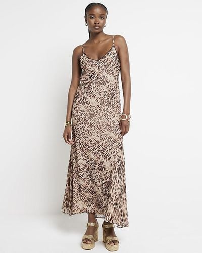 River Island Beige Leopard Print Sequin Slip Maxi Dress - Natural