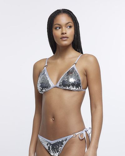 River Island Silver Sequin Triangle Bikini Top - Metallic