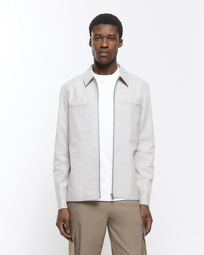 River Island Gray Slim Fit Textured Harrington Jacket - White