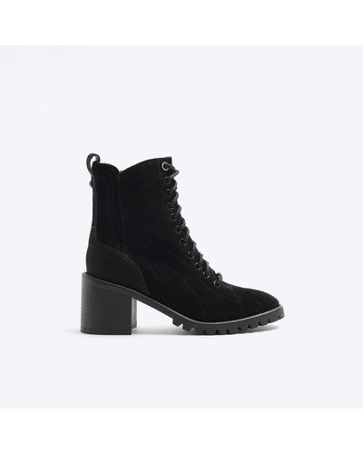 River Island Black Suede Lace Up Heeled Boots