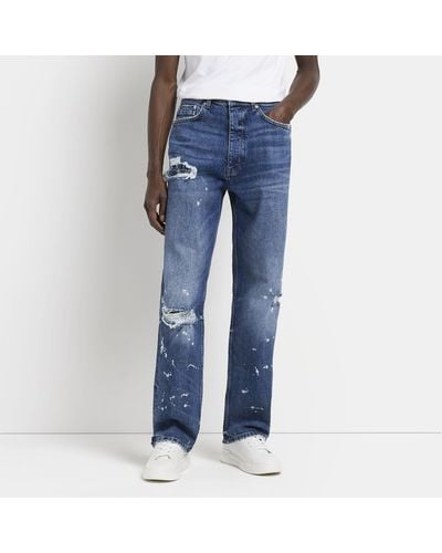 River Island Loose Fit Paint Splatter Ripped Jeans - Blue