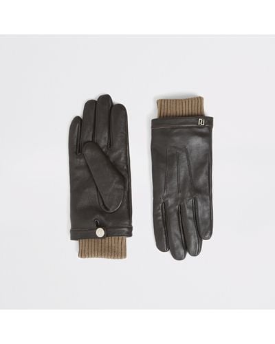 River Island Leather Ribbed Cuff Gloves - Brown