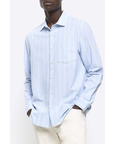 River Island Blue Regular Fit Striped Linen Blend Shirt