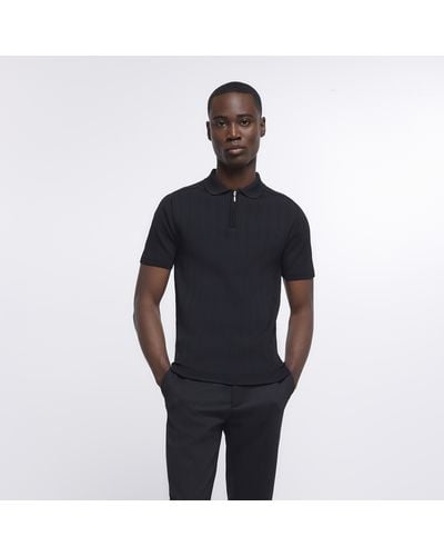 River Island Black Muscle Fit Zip Detail Knitted Polo - Blue