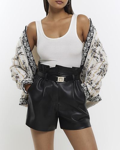River Island Black Faux Leather Belted Paperbag Shorts - Grey