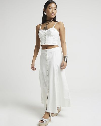 River Island Petite White Denim Button Up Midi Skirt