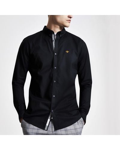 River Island Black Embroidered Slim Fit Oxford Shirt