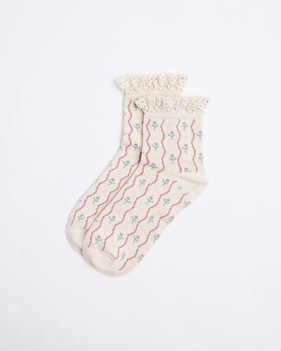 River Island Pink Floral Print Frill Socks - White
