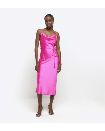 River Island Pink Satin Cowl Neck Slip Midi Dress