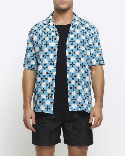River Island Blue Regular Fit Geometric Print Revere Shirt