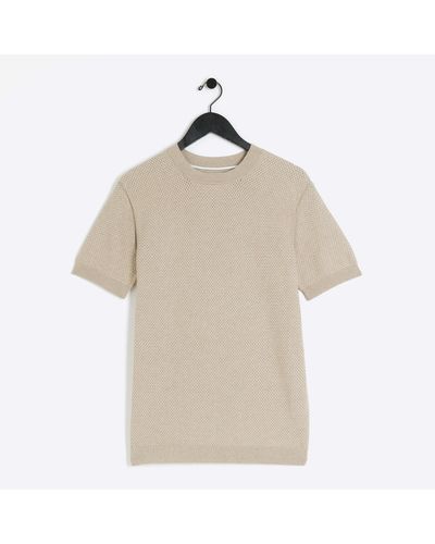River Island Beige Slim Fit Textured Knitted T-shirt - Natural