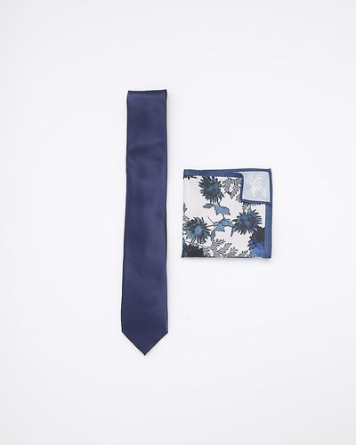 River Island Satin Floral Tie And Handkerchief Set - Blue
