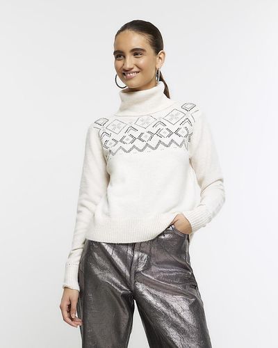 River Island Cream Diamante Fairisle Sweater - White