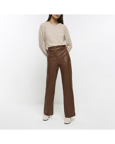 River Island Brown Faux Leather Straight Trousers - Natural