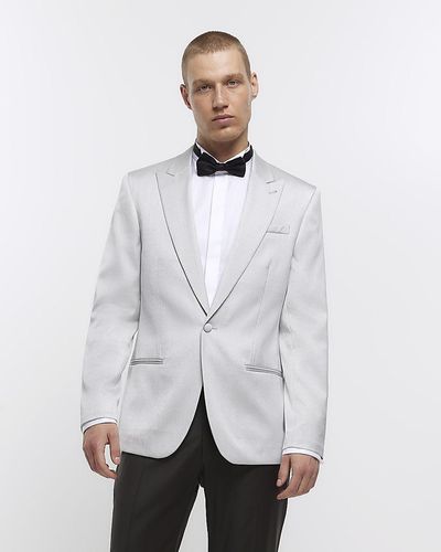 River Island Silver Regular Fit Metallic Tuxedo Blazer - White