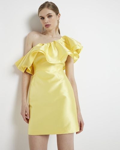 River Island Frill Asymmetric Bodycon Mini Dress - Yellow