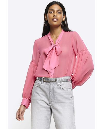 River Island Front Tie Long Sleeve Shirt - Pink