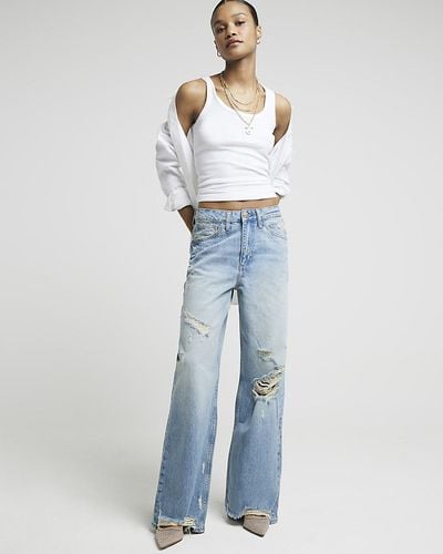 River Island Blue Mid Rise Ripped Wide Leg Jeans