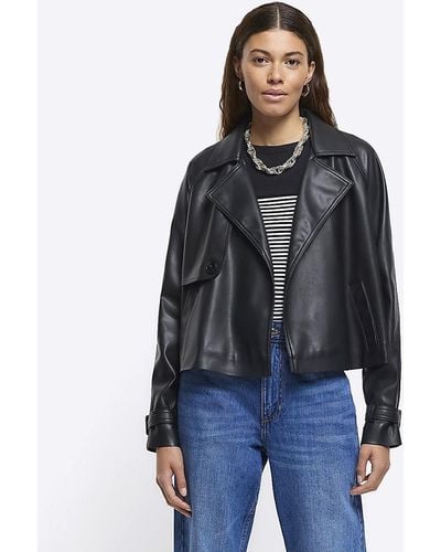 River Island Black Faux Leather Crop Trench Coat