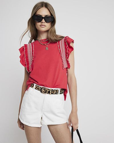 River Island Frill Sleeve T-shirt - Red