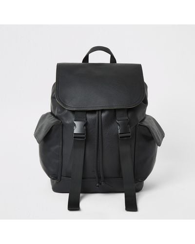 River Island Double Buckle Flapover Backpack - Black