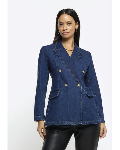 River Island Fitted Double Breasted Blazer At Nordstrom - Blue