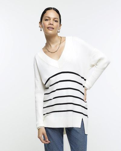 River Island Cream Stripe V-neck Sweater - White