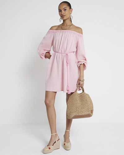 River Island Textured Belted Bardot Mini Dress - Pink