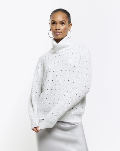 River Island Gray Diamante Roll Neck Sweater - White