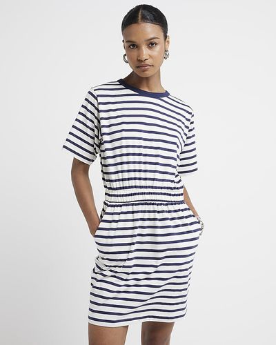 River Island Stripe Waisted Mini T-shirt Dress - Blue