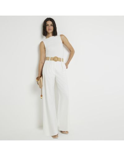 River Island White Belted Wide Leg Trousers