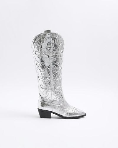 River Island Silver Western Knee High Boots - White