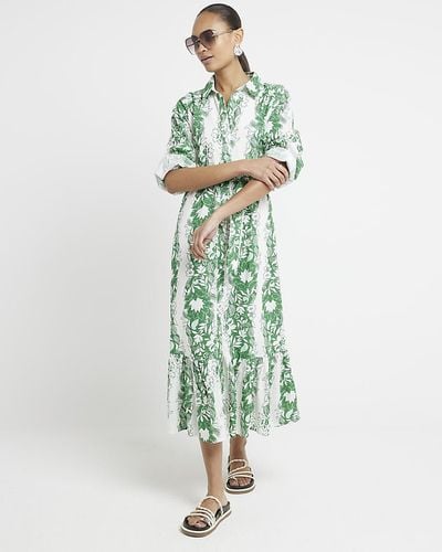 River Island Floral Belted Midi Shirt Dress - Green
