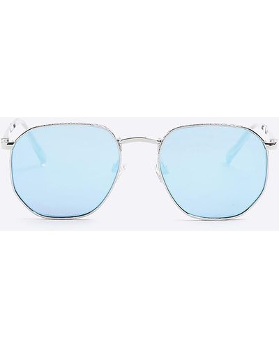 River Island Silver Textured Aviator Sunglasses - Blue