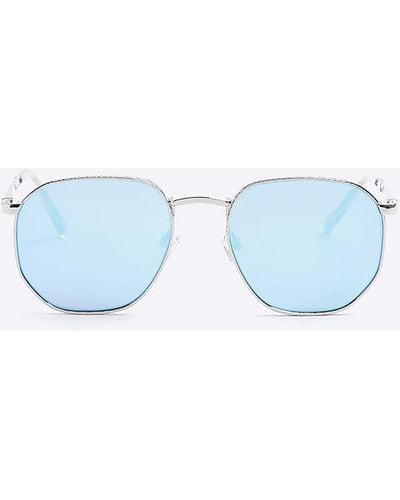 River Island Silver Textured Hexagon Sunglasses - Blue