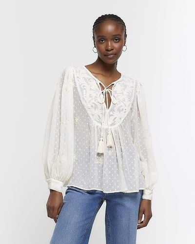 River Island Cream Embroidered Tie Up Blouse - White