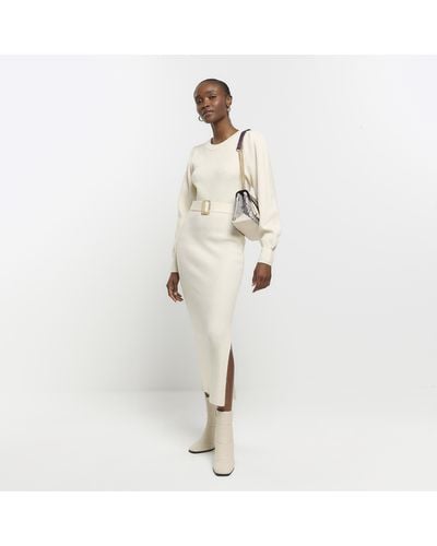 River Island Cream Knit Belted Sweater Midi Dress - White