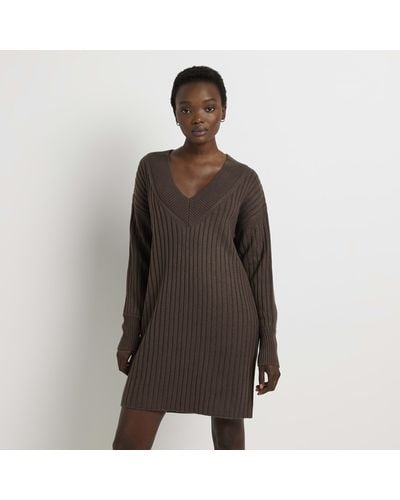 River Island Long Sleeve Sweater Mini Dress - Brown