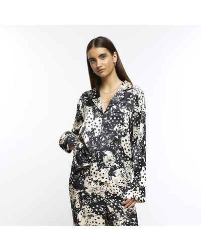 River Island Black Satin Animal Print Pyjama Set - White