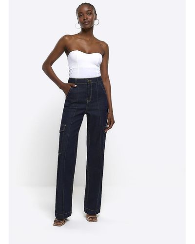 River Island Blue High Waist Relaxed Straight Cargo Jeans