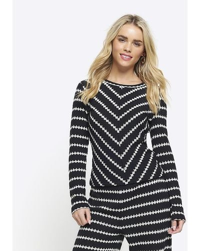 River Island Crochet Stripe Long Sleeve Top - Black