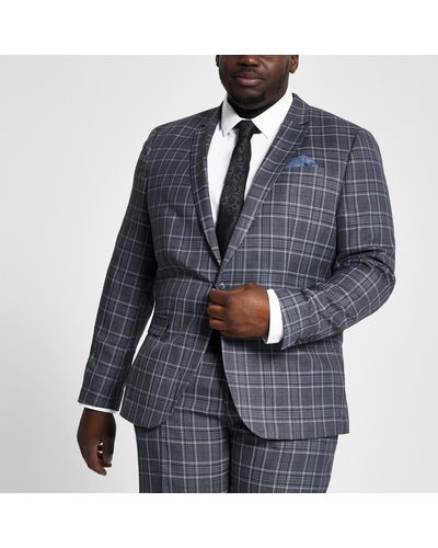 River Island Big And Tall Blue Check Suit Jacket