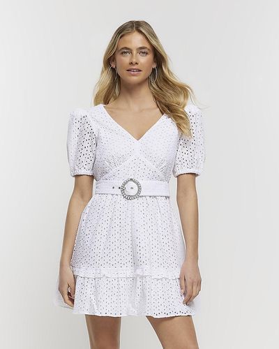 River Island White Broderie Belted Swing Mini Dress