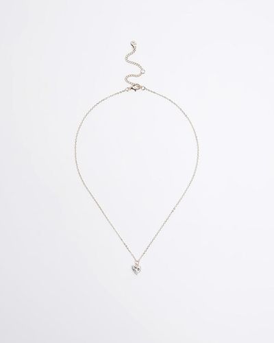 River Island Rose Gold Diamante Heart Necklace - White