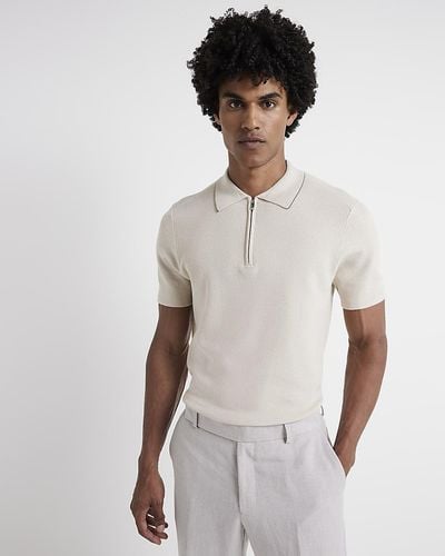 River Island Beige Slim Fit Textured Polo T-shirt - White