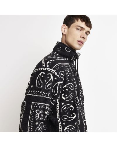 River Island Black Regular Fit Paisley Borg Fleece