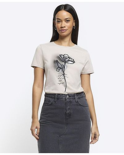 River Island Beige Embroidered Floral T-shirt - White