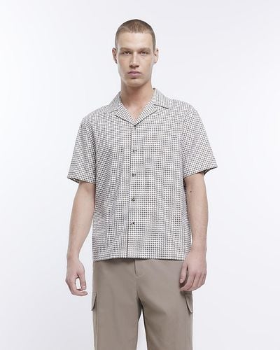 River Island Beige Regular Fit Gingham Short Sleeve Shirt - Gray